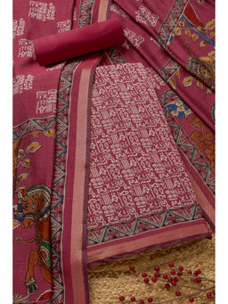 Soch - Womens Maroon Chanderi Warli Print Unstitched Dress Material