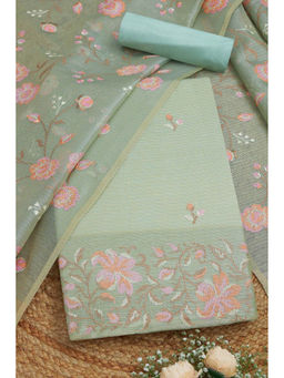 Soch - Womens Green Kota Shimmer Embroidered Unstitched Dress Material