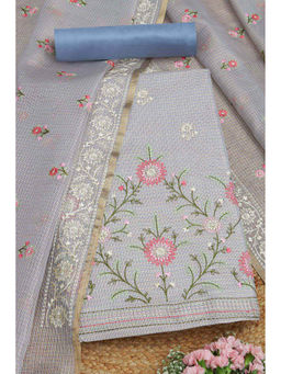 Soch - Womens Grey Kota Shimmer Embroidered Unstitched Dress Material