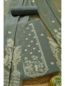 Soch - Womens Olive Chanderi Woven Design Unstitched Dress Material