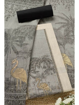 Soch - Womens Cream - Grey Chanderi Woven Design Unstitched Dress Material