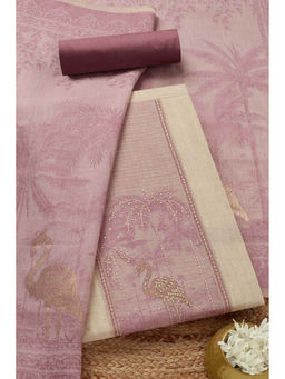 Soch - Womens Cream - Pink Chanderi Woven Design Unstitched Dress Material