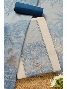 Soch - Womens Cream - Blue Chanderi Woven Design Unstitched Dress Material