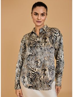 Urban Sundari - Animal Printed Satin With Spread Collar And Long Sleeves Black Shirt