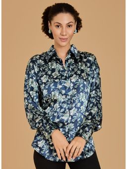 Urban Sundari - Floral Print Satin With Spread Collar And Long Sleeves Blue Shirt