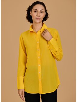 Urban Sundari - Solid Cotton Curved Hemline Shimmer Yellow Shirt