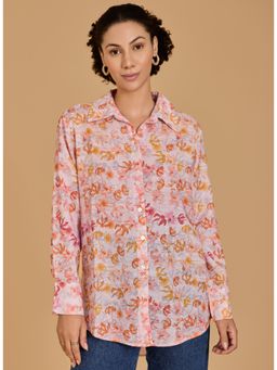 Urban Sundari - Womens Floral Print Cotton Pink Shirt