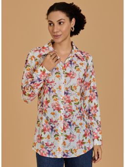 Urban Sundari - Womens Floral Print Cotton White Shirt