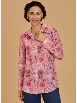 Urban Sundari - Womens Floral Print Cotton Pink Shirt