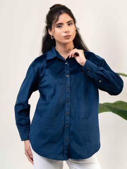 Urban Sundari - Women Casual Velvet Full Sleeve Blue Shirt