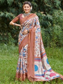 Akhilam - Womens Dola Silk Off White Printed Designer Saree with Unstitched Blouse