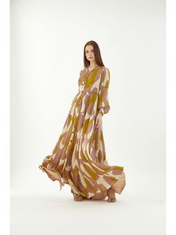 KoAi - Peach, Mustard and Off-White Front Open Abstract Dress