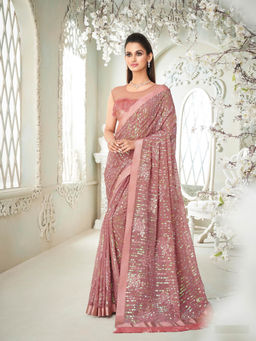 Odette - Sparkling Pink Partywear Sequins Saree with Unstitched Blouse