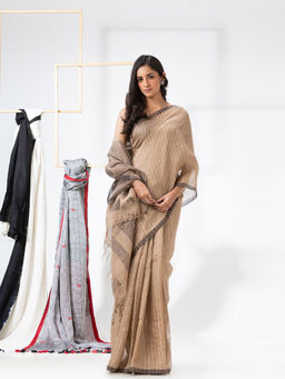 Angoshobha - Tan Handloom Linen Saree with Unstitched Blouse