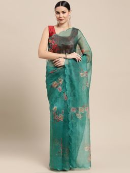 Vastranand - Green Organza Floral Print Party Wear Saree with Unstitched Blouse