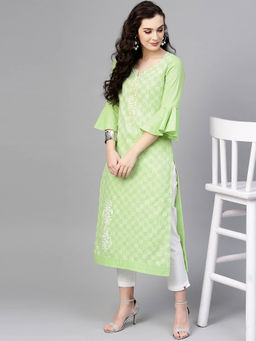 Pannkh - Women Printed Chambray Kurta With Bell Sleeves