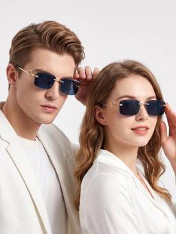 HASHTAG EYEWEAR - Black Rectangle Rimless Casual Unisex Sunglass - RL-125122-GLD.BLU (38)