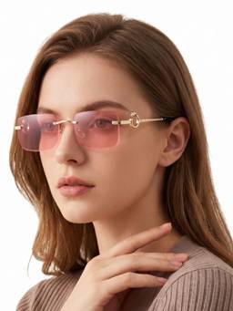 HASHTAG EYEWEAR - Pink Rectangle Rimless Casual Unisex Sunglass - RL-125122-GLD.L.PNK (38)