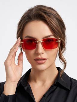 HASHTAG EYEWEAR - Red UV Protection Rectangle Rimless Casual Unisex Sunglass - RL-125122-GLD.Red (38)