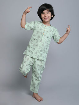 Little Clothings - Printed Shirt with Half Sleeve with Matching Pajama-Green (Set of 2)