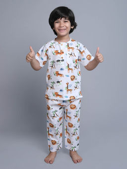 Little Clothings - Printed Shirt with Half Sleeve with Matching Pajama-White (Set of 2)