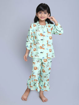 Little Clothings - Printed Ruffle Neck with with Pyjama - Green (Set of 2)