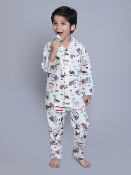 Little Clothings - Printed Shirt with Full Sleeve with Pyjama - White (Set of 2)