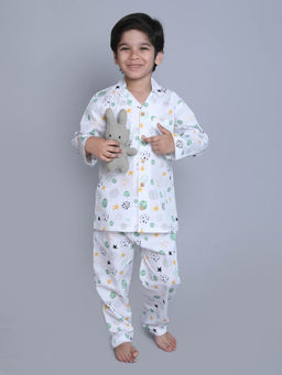Little Clothings - Printed Shirt with Full Sleeve with Pyjama - White (Set of 2)