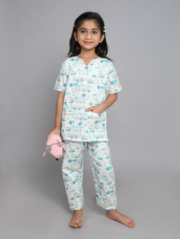 Little Clothings - Girls- Printed V Neck with Matching Pyjama- Cream (Set of 2)