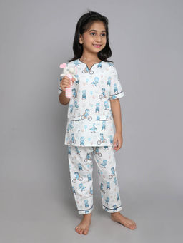 Little Clothings - Girls- Printed V Neck with Matching Pyjama- White (Set of 2)