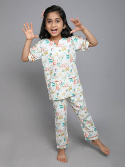 Little Clothings - Girls- Printed V Neck with Matching Pyjama- Cream (Set of 2)