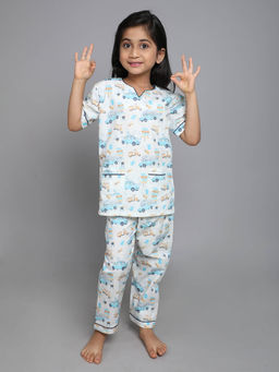Little Clothings - Girls- Printed V Neck with Matching Pyjama- White (Set of 2)