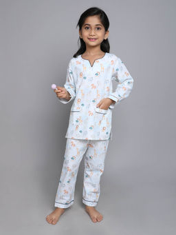Little Clothings - Girls- Printed V Neck with Matching Pyjama- Blue (Set of 2)