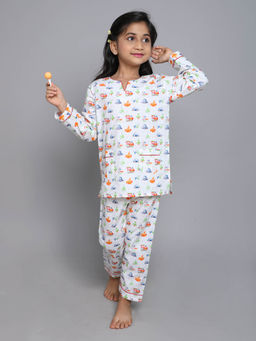 Little Clothings - Girls- Printed V Neck with Matching Pyjama- Cream (Set of 2)