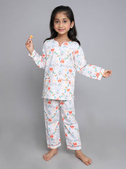 Little Clothings - Girls- Printed V Neck with Matching Pyjama- Cream (Set of 2)