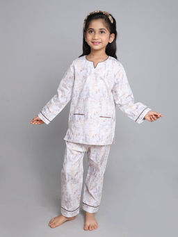 Little Clothings - Girls- Printed V Neck with Matching Pyjama- Grey (Set of 2)