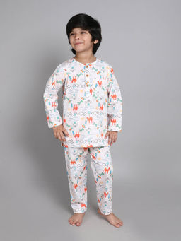 Little Clothings - Unisex-Printed Shirt Round Neck with Matching Pyjama-Cream (Set of 2)