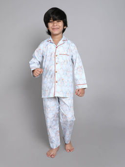 Little Clothings - Unisex-Printed Shirt Collar Neck with Matching Pyjama-Blue (Set of 2)
