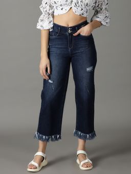 SHOWOFFFF - Women's Non Stretchable Mildly Distressed Navy Blue Wide Leg Jeans