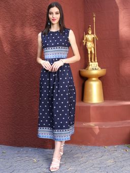 Sera - Printed Round Neck Fit and Flare Sleeveless Midi Dress