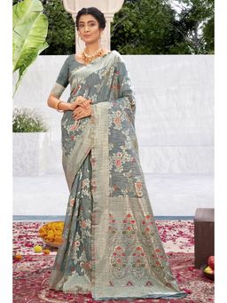 EXCLUSIVA - Grey Cotton Silk Banarasi Saree with Unstitched Blouse