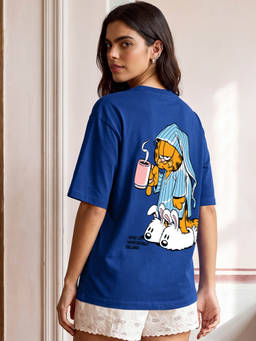 Bewakoof - Women's Blue Lazy Garfield Graphic Printed Oversized T-shirt