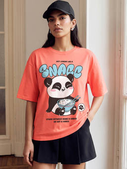 Bewakoof - Women's Coral Pink Snacking Graphic Printed Oversized T-shirt