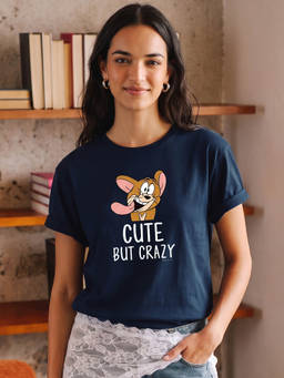 Bewakoof - Official Tom & Jerry Women's Blue Cute But Crazy (TJL) Graphic Printed Boyfriend T-shirt