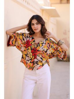 Rain & Rainbow - Yellow Floral Print Kimono Sleeve Kaftan Top