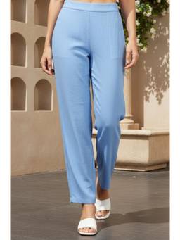 Aurelia - Womens Blue Solid Ankle Length Mid Rise Palazzo