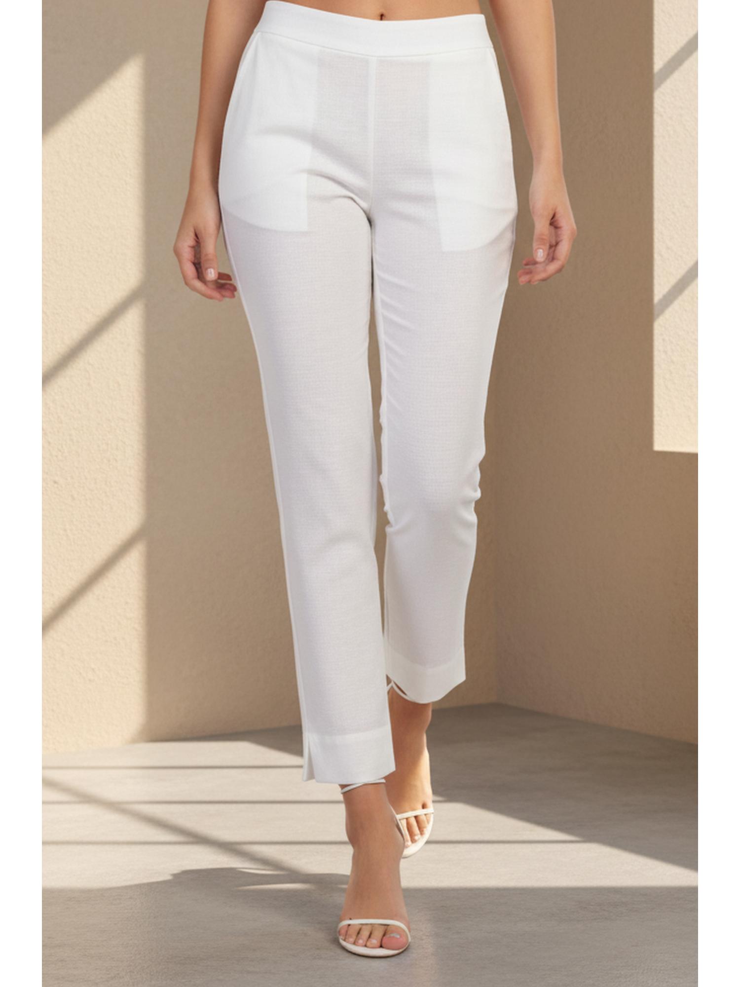 aurelia Womens White Solid Pure Cotton Slim Fit Ankle Length Mid Rise Pant-picture-38