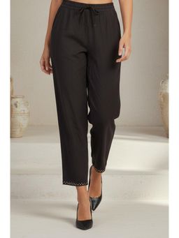 Folksong - Womens Black Solid Cotton Blend Straight Fit Ankle Length Mid Rise Pant