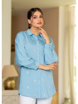 Juniper - Beads Sequence Work Steel Blue Solid Viscose Shirt