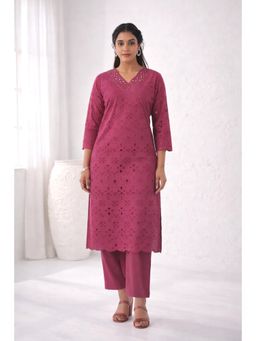 Autumnlane - Mauve Lipika Orchid Schiffli Cotton Kurta with Pant